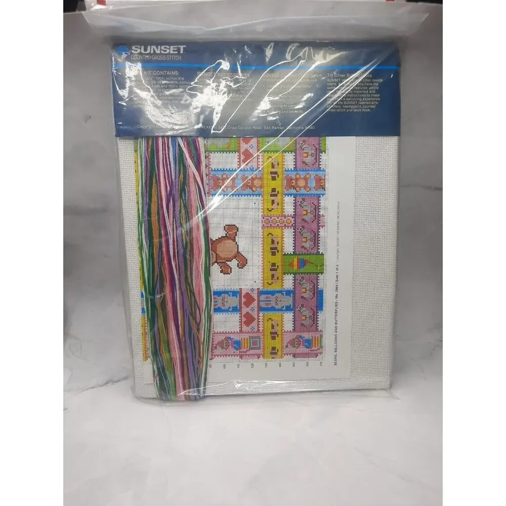 Vintage Sunset Counted Cross Stitch Kit Bears Balloons And Butterflies